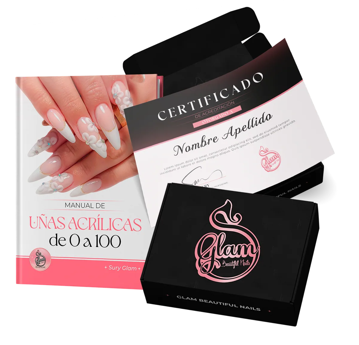 Kit, manual de uñas acrílicas y certificado del curso Sury Glam